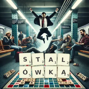 Kreatywna ilustracja do gry w Scrabble ze słowem STALÓWKĄ ułożonym z płytek na planszy.