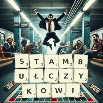 Kreatywna ilustracja do gry w Scrabble ze słowem STAMBUŁCZYKOWI ułożonym z płytek na planszy.