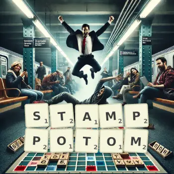 Kreatywna ilustracja do gry w Scrabble ze słowem STAMPPOTOM ułożonym z płytek na planszy.