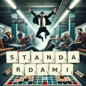 Kreatywna ilustracja do gry w Scrabble ze słowem STANDARDAMI ułożonym z płytek na planszy.