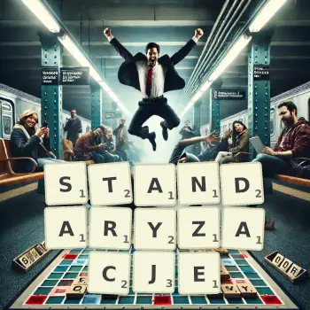 Kreatywna ilustracja do gry w Scrabble ze słowem STANDARYZACJE ułożonym z płytek na planszy.