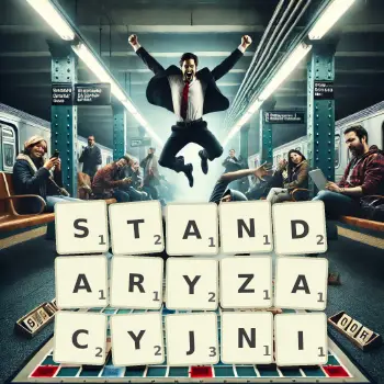 Kreatywna ilustracja do gry w Scrabble ze słowem STANDARYZACYJNI ułożonym z płytek na planszy.