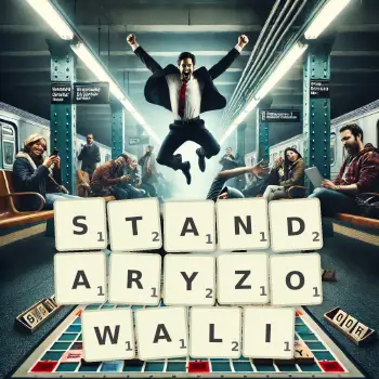 Kreatywna ilustracja do gry w Scrabble ze słowem STANDARYZOWALI ułożonym z płytek na planszy.