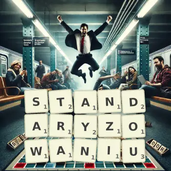 Kreatywna ilustracja do gry w Scrabble ze słowem STANDARYZOWANIU ułożonym z płytek na planszy.