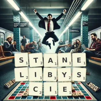 Kreatywna ilustracja do gry w Scrabble ze słowem STANELIBYSCIE ułożonym z płytek na planszy.