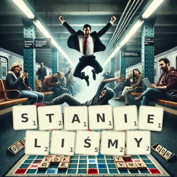 Kreatywna ilustracja do gry w Scrabble ze słowem STANIELIŚMY ułożonym z płytek na planszy.