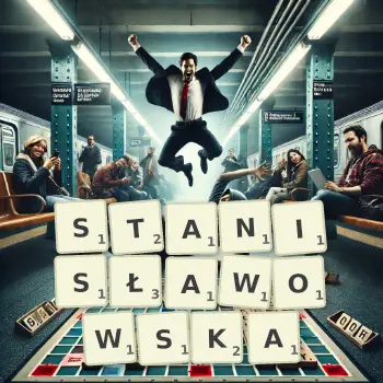 Kreatywna ilustracja do gry w Scrabble ze słowem STANISŁAWOWSKA ułożonym z płytek na planszy.