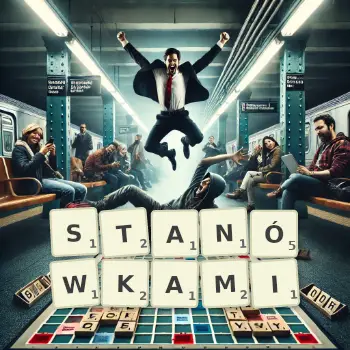Kreatywna ilustracja do gry w Scrabble ze słowem STANÓWKAMI ułożonym z płytek na planszy.