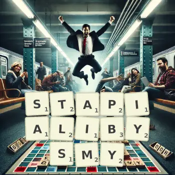 Kreatywna ilustracja do gry w Scrabble ze słowem STAPIALIBYSMY ułożonym z płytek na planszy.