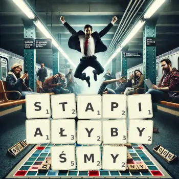 Kreatywna ilustracja do gry w Scrabble ze słowem STAPIAŁYBYŚMY ułożonym z płytek na planszy.