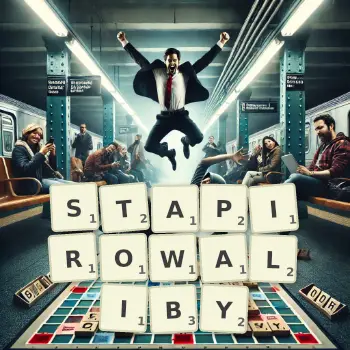 Kreatywna ilustracja do gry w Scrabble ze słowem STAPIROWALIBY ułożonym z płytek na planszy.