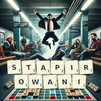 Kreatywna ilustracja do gry w Scrabble ze słowem STAPIROWANI ułożonym z płytek na planszy.
