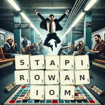 Kreatywna ilustracja do gry w Scrabble ze słowem STAPIROWANIOM ułożonym z płytek na planszy.