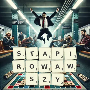 Kreatywna ilustracja do gry w Scrabble ze słowem STAPIROWAWSZY ułożonym z płytek na planszy.
