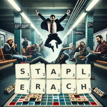 Kreatywna ilustracja do gry w Scrabble ze słowem STAPLERACH ułożonym z płytek na planszy.