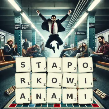 Kreatywna ilustracja do gry w Scrabble ze słowem STAPORKOWIANAMI ułożonym z płytek na planszy.