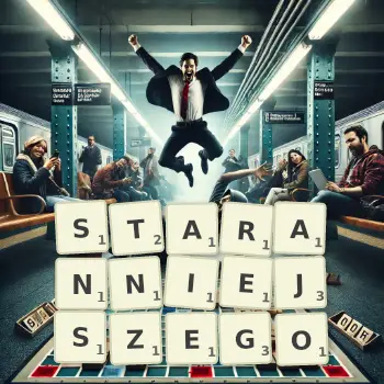 Kreatywna ilustracja do gry w Scrabble ze słowem STARANNIEJSZEGO ułożonym z płytek na planszy.