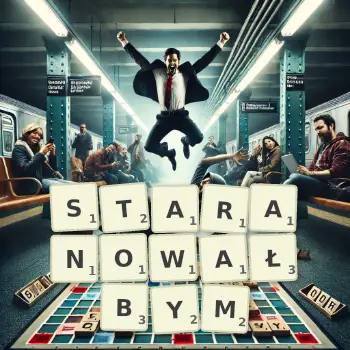 Kreatywna ilustracja do gry w Scrabble ze słowem STARANOWAŁBYM ułożonym z płytek na planszy.