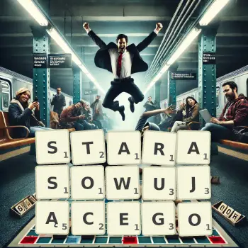 Kreatywna ilustracja do gry w Scrabble ze słowem STARASOWUJĄCEGO ułożonym z płytek na planszy.