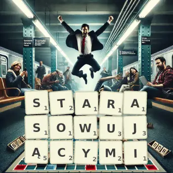 Kreatywna ilustracja do gry w Scrabble ze słowem STARASOWUJĄCYMI ułożonym z płytek na planszy.