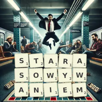 Kreatywna ilustracja do gry w Scrabble ze słowem STARASOWYWANIEM ułożonym z płytek na planszy.