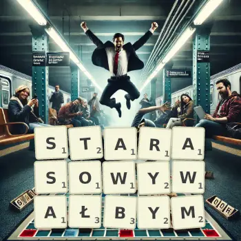 Kreatywna ilustracja do gry w Scrabble ze słowem STARASOWYWAŁBYM ułożonym z płytek na planszy.