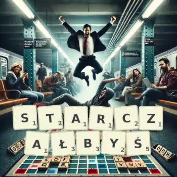 Kreatywna ilustracja do gry w Scrabble ze słowem STARCZAŁBYŚ ułożonym z płytek na planszy.