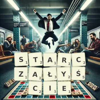 Kreatywna ilustracja do gry w Scrabble ze słowem STARCZAŁYŚCIE ułożonym z płytek na planszy.