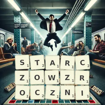 Kreatywna ilustracja do gry w Scrabble ze słowem STARCZOWZROCZNI ułożonym z płytek na planszy.