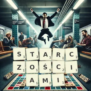 Kreatywna ilustracja do gry w Scrabble ze słowem STARCZOŚCIAMI ułożonym z płytek na planszy.