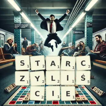 Kreatywna ilustracja do gry w Scrabble ze słowem STARCZYLIŚCIE ułożonym z płytek na planszy.