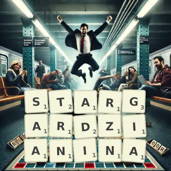 Kreatywna ilustracja do gry w Scrabble ze słowem STARGARDZIANINA ułożonym z płytek na planszy.