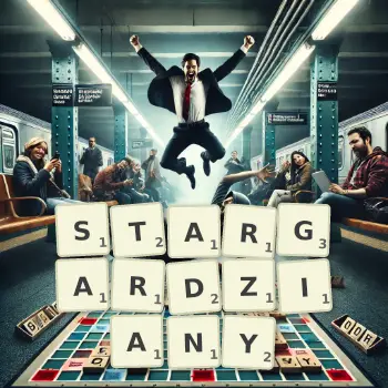 Kreatywna ilustracja do gry w Scrabble ze słowem STARGARDZIANY ułożonym z płytek na planszy.