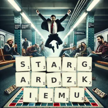 Kreatywna ilustracja do gry w Scrabble ze słowem STARGARDZKIEMU ułożonym z płytek na planszy.