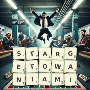 Kreatywna ilustracja do gry w Scrabble ze słowem STARGETOWANIAMI ułożonym z płytek na planszy.