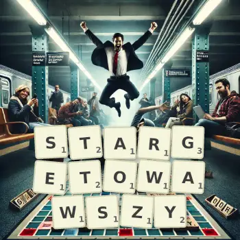 Kreatywna ilustracja do gry w Scrabble ze słowem STARGETOWAWSZY ułożonym z płytek na planszy.