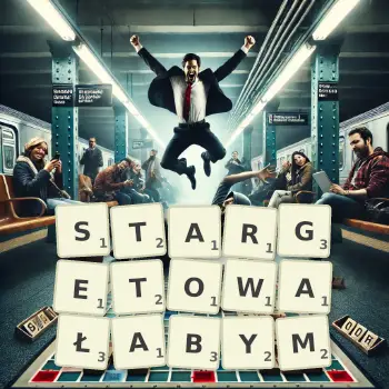 Kreatywna ilustracja do gry w Scrabble ze słowem STARGETOWAŁABYM ułożonym z płytek na planszy.