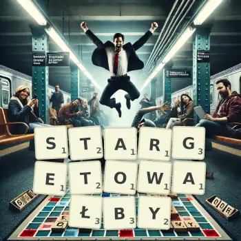 Kreatywna ilustracja do gry w Scrabble ze słowem STARGETOWAŁBY ułożonym z płytek na planszy.