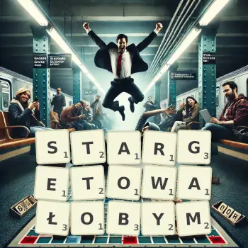 Kreatywna ilustracja do gry w Scrabble ze słowem STARGETOWAŁOBYM ułożonym z płytek na planszy.