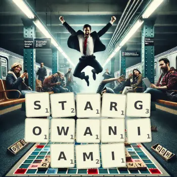 Kreatywna ilustracja do gry w Scrabble ze słowem STARGOWANIAMI ułożonym z płytek na planszy.