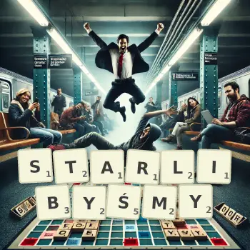 Kreatywna ilustracja do gry w Scrabble ze słowem STARLIBYŚMY ułożonym z płytek na planszy.