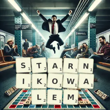 Kreatywna ilustracja do gry w Scrabble ze słowem STARNIKOWALEM ułożonym z płytek na planszy.