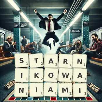 Kreatywna ilustracja do gry w Scrabble ze słowem STARNIKOWANIAMI ułożonym z płytek na planszy.