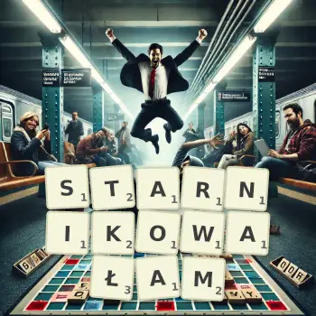 Kreatywna ilustracja do gry w Scrabble ze słowem STARNIKOWAŁAM ułożonym z płytek na planszy.