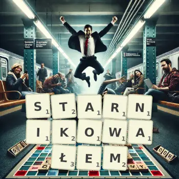Kreatywna ilustracja do gry w Scrabble ze słowem STARNIKOWAŁEM ułożonym z płytek na planszy.
