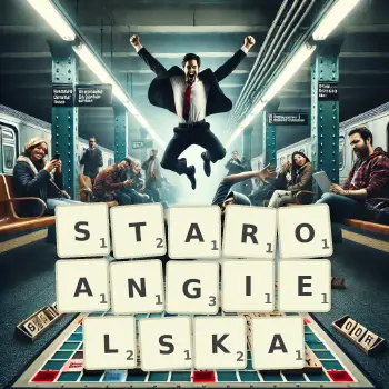 Kreatywna ilustracja do gry w Scrabble ze słowem STAROANGIELSKA ułożonym z płytek na planszy.