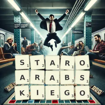 Kreatywna ilustracja do gry w Scrabble ze słowem STAROARABSKIEGO ułożonym z płytek na planszy.