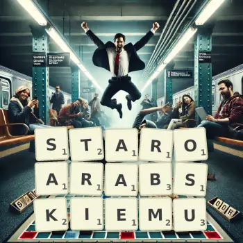 Kreatywna ilustracja do gry w Scrabble ze słowem STAROARABSKIEMU ułożonym z płytek na planszy.