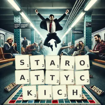 Kreatywna ilustracja do gry w Scrabble ze słowem STAROATTYCKICH ułożonym z płytek na planszy.