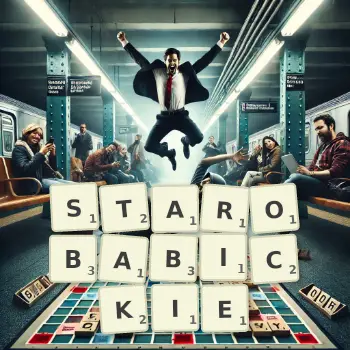 Kreatywna ilustracja do gry w Scrabble ze słowem STAROBABICKIE ułożonym z płytek na planszy.